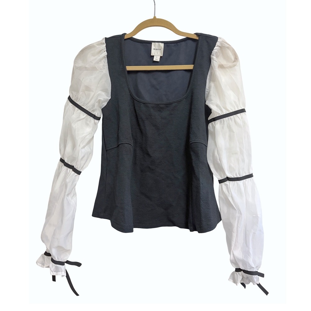 Maeve Anthropologie Balloon Sleeve Top Black Ivory Romantic Textured Blouse S - Picture 6 of 11
